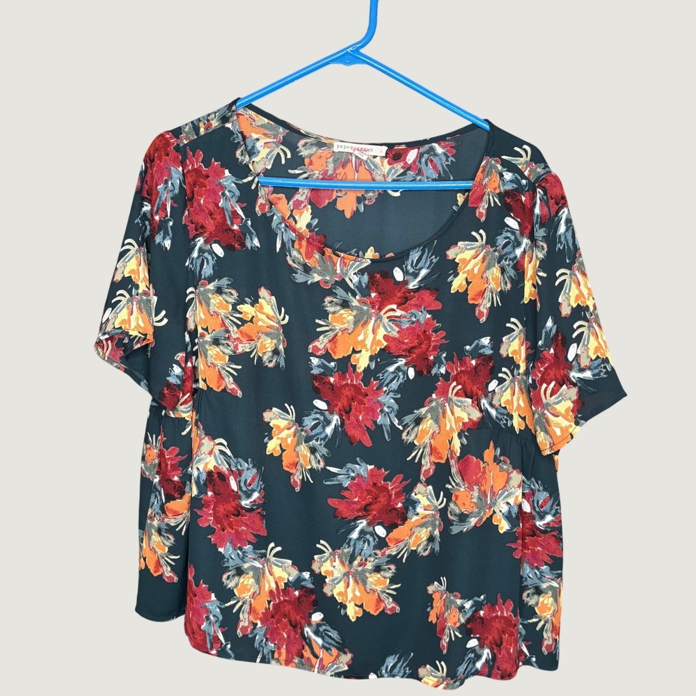 Paper Crown Blouse Womens Large Teal Red Floral Excellent Short Sleeve Peplum